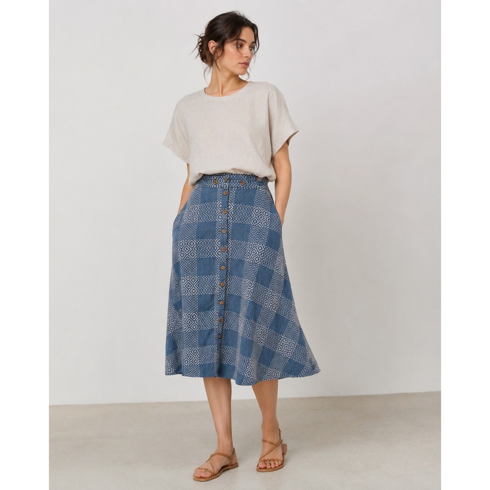 Heinui Blue Cotton Sashiko Embroidered Button Front Midi A-Line Skirt Pockets- S